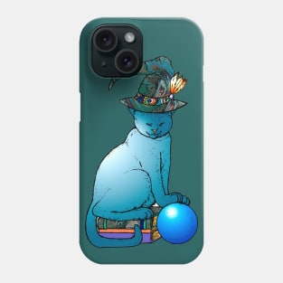 Blue witches cat with crystal ball and books Phone Case