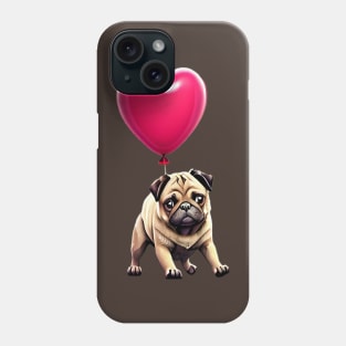 Cute Pug on Valentine's Balloon - Adorable Pug Hanging on Heart Balloon Phone Case