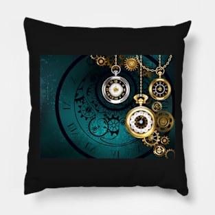 Clock with Gears on Green Background ( Steampunk ) Pillow