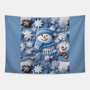 Funny Snowmen Retro Chrismas Snowflakes Blue Knitted Pattern Tapestry