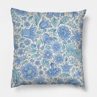 Scattered flowers and leaves in aqua tones on textured background Pillow