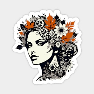 Graphic Art Portrait – Woman, Leaves, And Gears Magnet