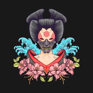 oni mask red girl samurai water flower T-Shirt