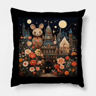 Surrealistic Folk Art Dark Floral Motif Mouse Design Pillow