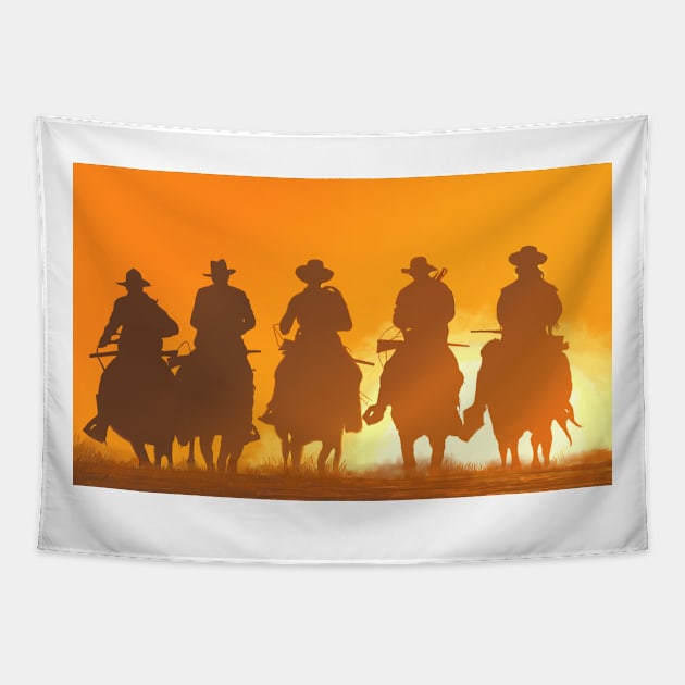 Five Cowboys ride at Sunset Tapestry by CompellingPhotography