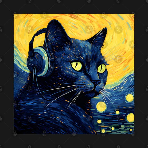 Starry Night Black Cat Wearing Headphones by VisionDesigner