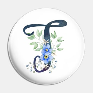 Floral Monogram T Wild Blue Flowers Pin