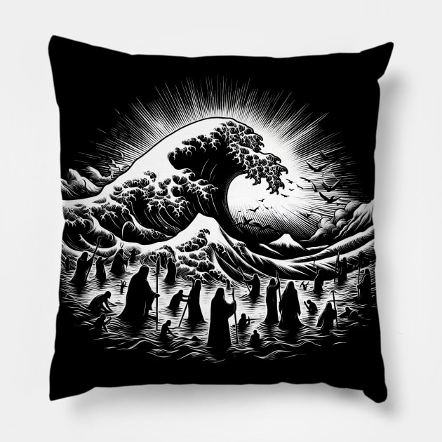 The Great Wave off Kanagawa in the Bible Flood Pillow by MetalByte