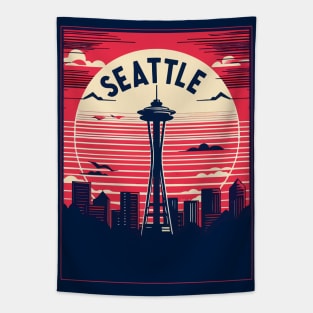 Seattle Space Needle Cityscape Retro Vintage Tapestry