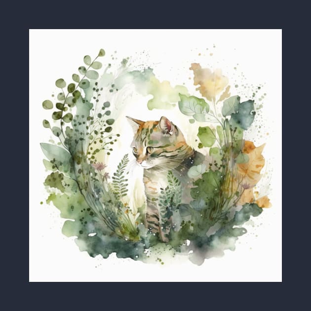 Watercolor Cat in Garden by Star Scrunch