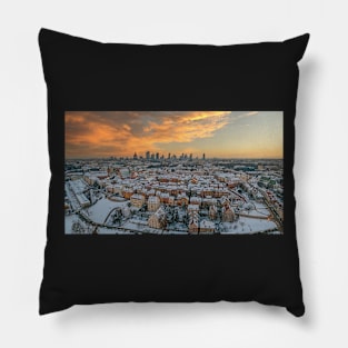 Warsaw old town, snow-covered roofs and and distant city center at dusk Pillow