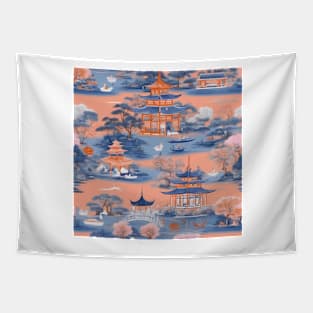 Orange and blue chinoiserie pattern Tapestry