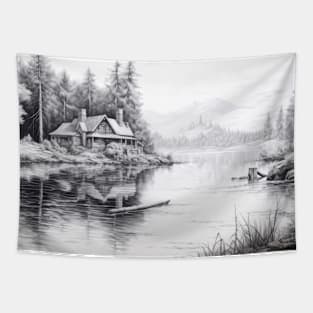 Landscape Mountains Valley Nature Adventure Ink Sketch Style Tapestry