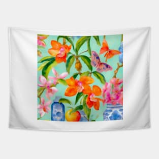 Orange orchids and chinoiserie jars watercolor Tapestry