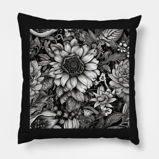 Black and White Flower Pattern - 2 Pillow by PixelPusherArt