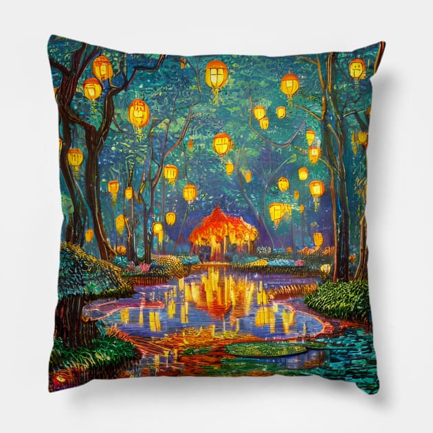 Magic Lantern Lighting Lake Water Pond Reflection Watercolor Pillow by The Little Store Of Magic