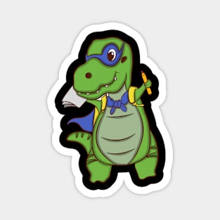 cartoon illustration design dinosaur carrying a pencil book bag wearing a superhero mask and wings Magnet