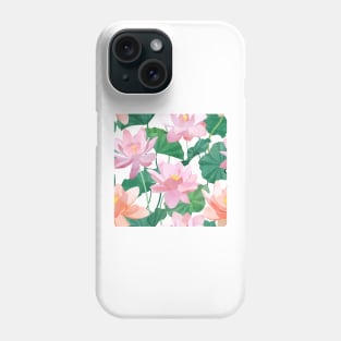 Lotus flowers and leaves watercolor illustration. Exotic spring floral print. Summer Tropical seamless pattern Phone Case