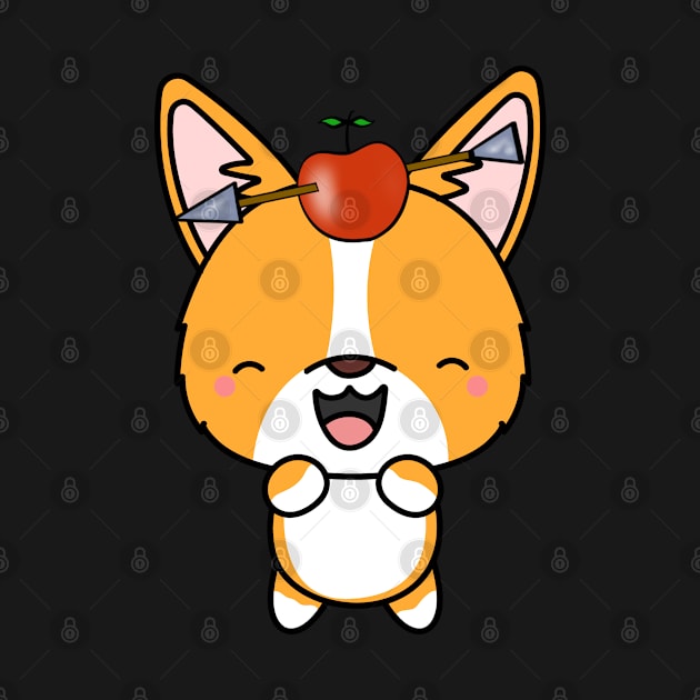 Funny Corgi is playing william tell with an apple and arrow by Pet Station