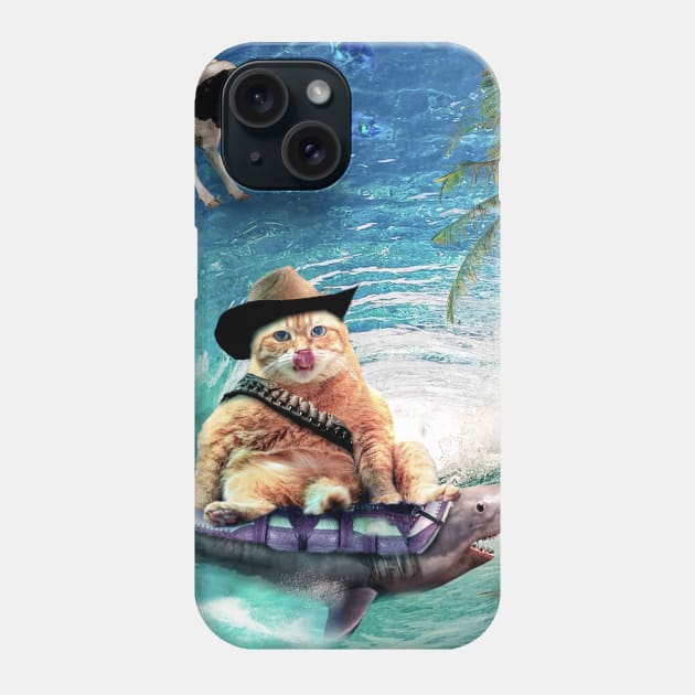 Surfing Cowboy Cat Riding Shark Phone Case by Random Galaxy