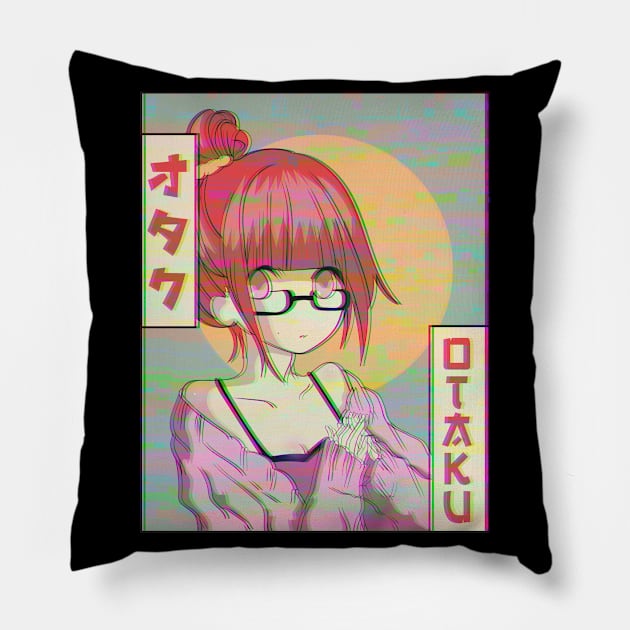 Otaku Anime Girl Japanese Vaporwave Aesthetic Retro Glitch Gift Pillow by Alex21