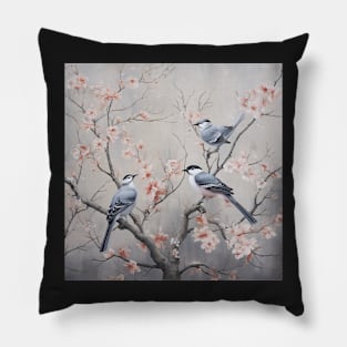 Grey and pink chinoiserie painting with birds and flowers Pillow