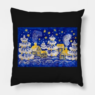 Christmas picture - winter landscape with golden houses and silver fir-trees on blue background Pillow