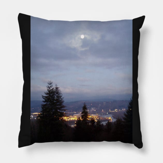 Misty Moon Over the Columbia River Pillow by DlmtleArt