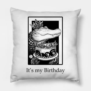 Alligator & Crystal Cake - It's My Birthday - Black Outlined Version Pillow