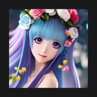 Beaux Animes Art  Manga Anime Girl with blue hair and flowers Design T-Shirt