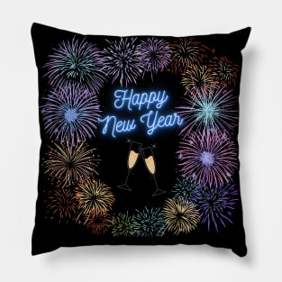 Happy New Year Fireworks and Champagne Flutes Pillow