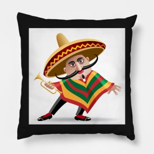 mexican musician in sombrero with trumpet drawn in cartoon style Pillow