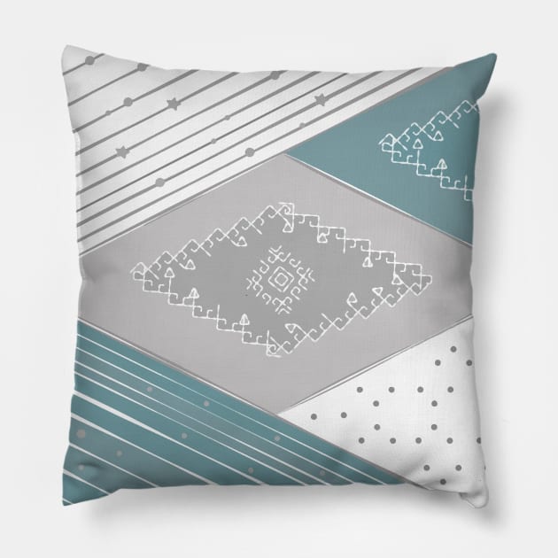 Shapes collage, stars, space, blue, grey, white, minimal, vector, geometric, modern, abstract, trendy, Pillow by PrintedDreams