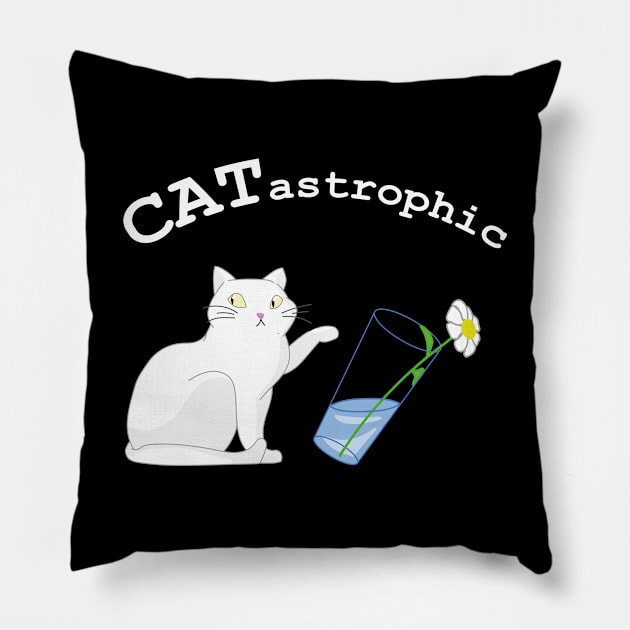 CATastrophic, cat tipping glass Pillow by FridaJohanssonArt