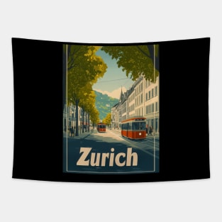 This vibrant travel poster showcases Zurichs classic architecture and picturesque streets, featuring red trams weaving through a lively Tapestry