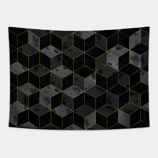 Black Geometric Marble Cubes and Gold Tapestry