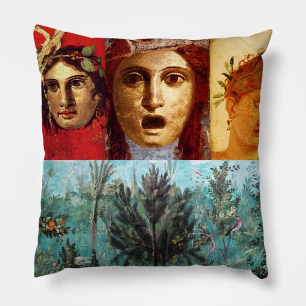 ANTIQUE ROMAN PAINTINGS ,GREEK THEATER MASKS WITH FLOWER GARDEN Pillow by BulganLumini