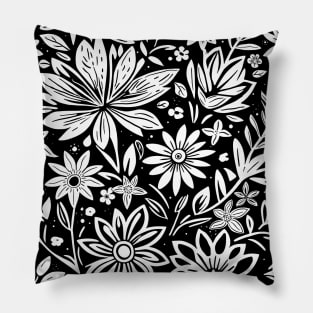 Black and White Floral Lino Print Pillow