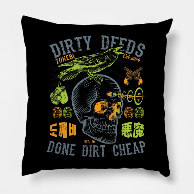 Dirty Deeds Skull Pillow by TOKEBI