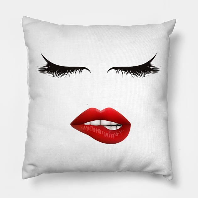 Eyelashes and red lips Pillow by My Word Art