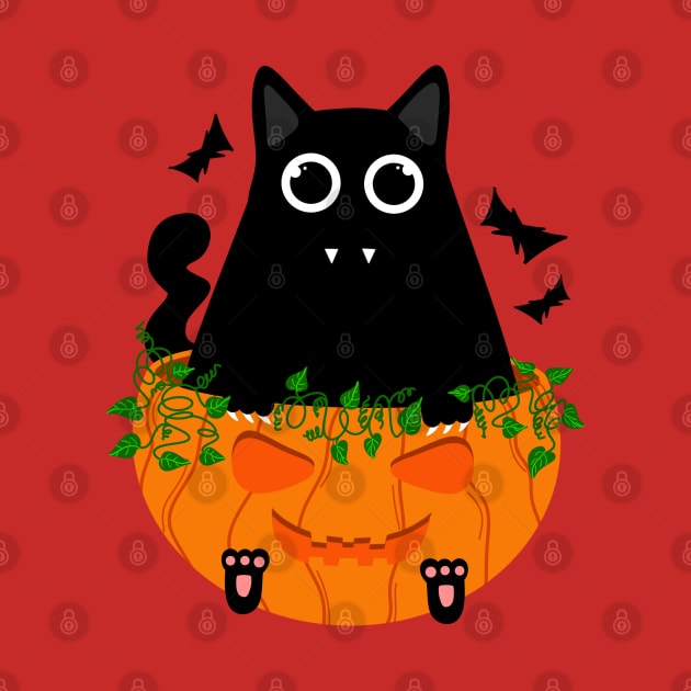 Cute Spooky Black Cat with Fangs Sits in Halloween Pumpkin by Andrew Collins