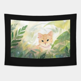 Whimsical Jungle Cat Watercolor Illustration Tapestry