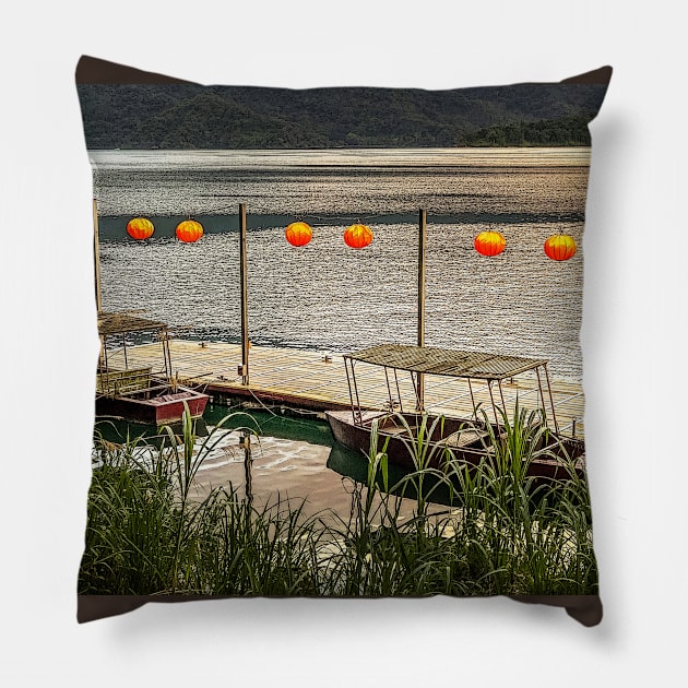 Two Boats Sun Moon Lake Pillow by JerryGranamanPhotos71