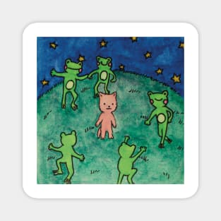 frogs dancing around a cat cottagecore meme watercolor illustration Magnet