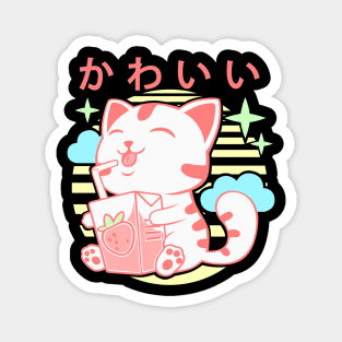 Kawaii Aesthetics Japanese Strawberry Milk Shake かわいい Cat - Pink - Strawberry Milk Magnet