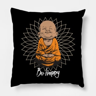 Be Happy Little Buddha on Mandala T-shirt Pillow