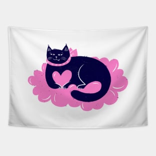 Arrogant blue cat sitting on pink cloud of hearts Tapestry