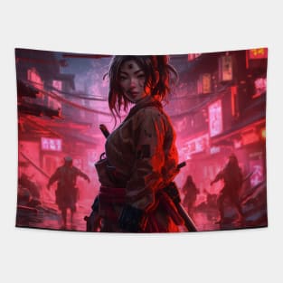 Cyberpunk Female Samurai Sakura Tapestry