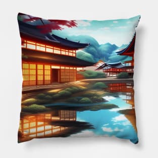 Beaux Animes Art Fantasy Japanese Anime Village by the river Design Pillow