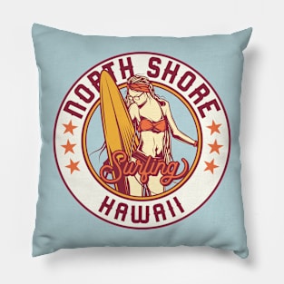 Vintage Surfing Badge for North Shore, Hawaii Pillow